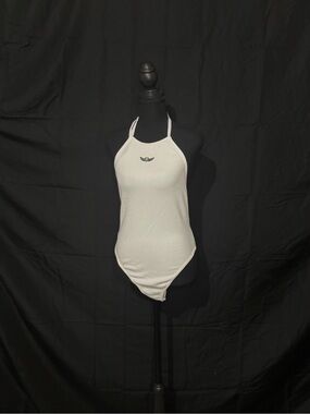 NWT Wild Fable White Ribbed Halter Bodysuit Metal Angel Wings Graphic Large